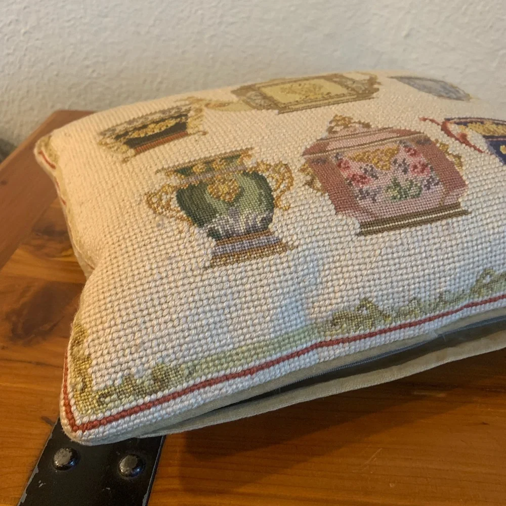 Vintage Teacups and teapot Set Needlepoint Pillow Down filled